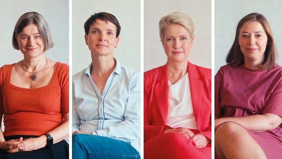 Die ostdeutschen Politikerinnen Anke Domscheit-Berg (Linke), Frauke Petry (früher AfD), Manuela Schwesig (SPD) und Yvonne Magwas (CDU).