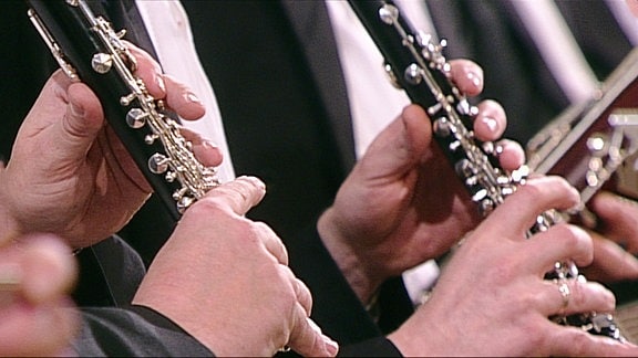 Blick auf Hände, die ein Blasinstrument spielen.