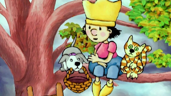 Der kleine König mit Hund und Katze auf dem Baum.
