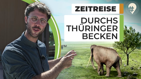 Ein Mann mit Brille zeigt auf ein Mamut. Daneben steht „Zeitreise durchs Thüringer Becken“.
