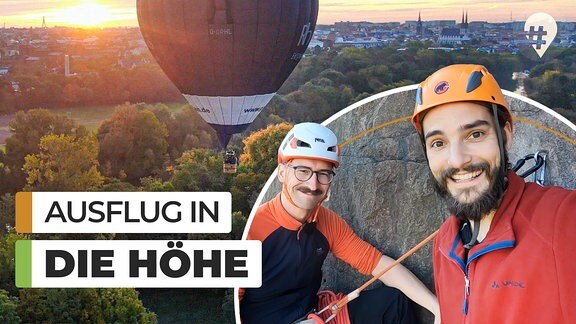 Zwei angeseilte Männer mit Schutzhelmen vor einer Landschaft, über der ein Ballon schwebt. Darüber steht „Ausflug in die Höhe“.