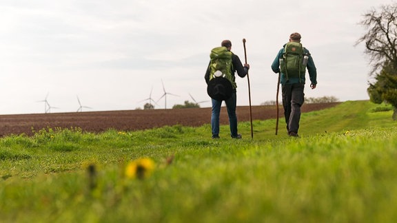 Zwei Männer mit Rucksack wandern auf einem grünen Weg an einem Feld vorbei.