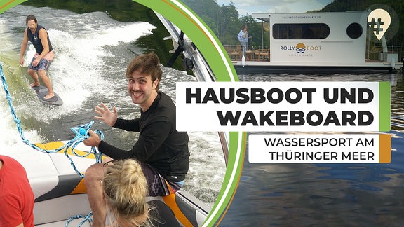 gestaltete Collage: Hausboot und Wakeboard