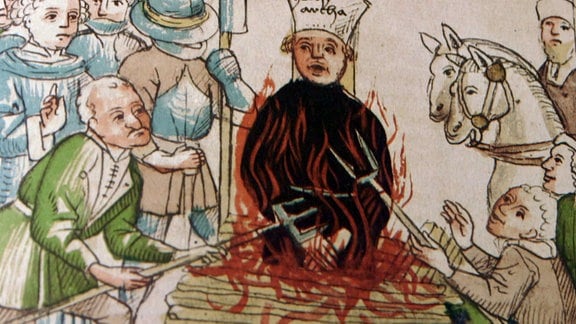 Mittelalterliche Darstellung zeigt die Verbrennung des Jan Hus.