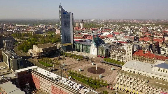 Blick auf den Leipziger Augustusplatz aus der Vogelperspektive.