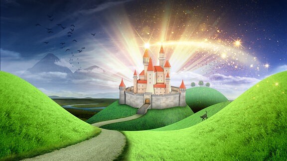 Illustration. Im Vordergrund schlängelt sich zwischen grünen Hügeln ein Weg zu einer märchenhaften Burg hinter der es glitzert und funkelt.