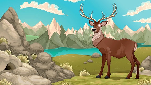 Illustration eines Hirsches im Gebirge