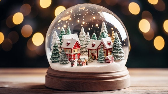 Winter Wonderland mit Haus und Bäume in Glaskugel Schneekugel auf dem Tisch und unscharfen Bokeh Hintergrund