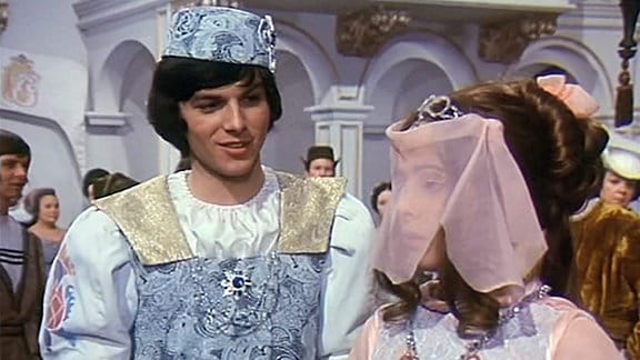 Aschenbrödel im festlichen Kleid mit Schleier vor den Augen hat den Prinz vollkommen verzaubert.
