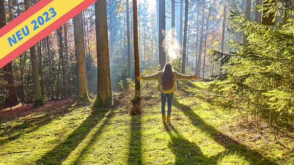 Eine Frau geht im Herbst durch den Wald spazieren. Sie streckt die Arme zur Seite und atmet tief ein und aus.