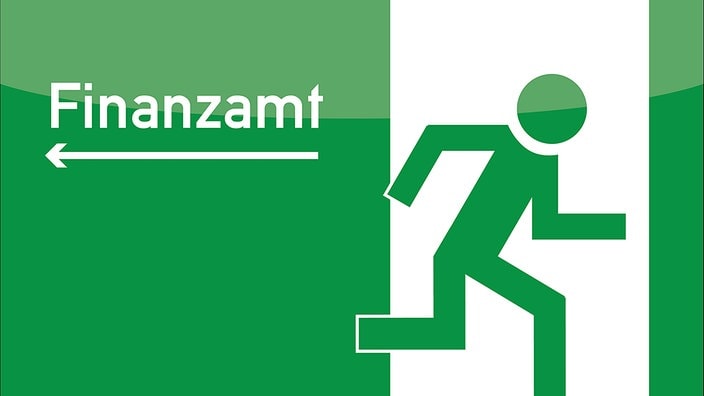 Ein Piktogramm symbolisiert Steuerflucht, indem es einen nach links zeigenden und mit "Finanzamt" beschrifteten Pfeil abbildet und rechts das gängige Fluchtwegsymbol, auf dem ein Mensch durch eine offene Tür flüchtet. | Bildrechte: Colourbox.de Ein Piktogramm symbolisiert Steuerflucht, indem es einen nach links zeigenden und mit "Finanzamt" beschrifteten Pfeil abbildet und rechts das gängige Fluchtwegsymbol, auf dem ein Mensch durch eine offene Tür flüchtet.