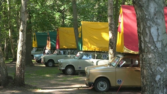 Mehrere Trabant mit Zelten auf dem Dach