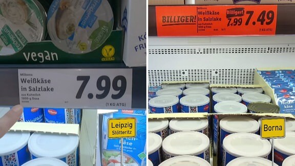 Bildmontage Preisvergleich in verschiedenen Filialen eines Supermarkts