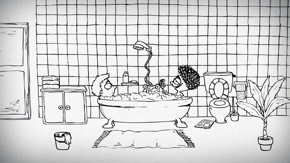 Zwei gezeichnete Figuren in schwarz-weiß sitzen sich in einer Badewanne gegenüber
