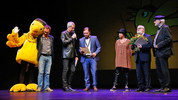 Goldener Spatz 2016 (v.li.): Chris Raiber, Thomas Hermanns, Kai Ostermann, Anja Kömmerling, Christian Schramm, Dr. Jürgen Weißbach