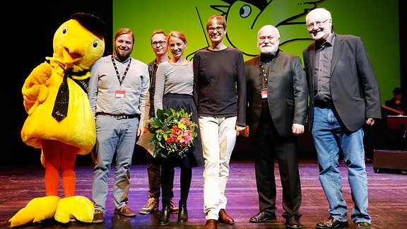 Rundfunkratjury von links nach rechts: Kai Ostermann (RR), Chris Raiber (Vorjahressieger), Co-Autorin Jytte-Merle Böhrnsen, Drehbuchautorin Natja Brunckhorst, Christian Schramm, Dr. Jürgen Weißbach (beide VR).