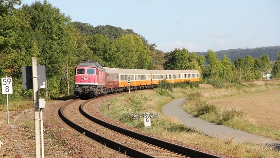Ein Zug mit einer roten Lok und orange-beigen Waggons fährt durch eine sommerliche Landschaft