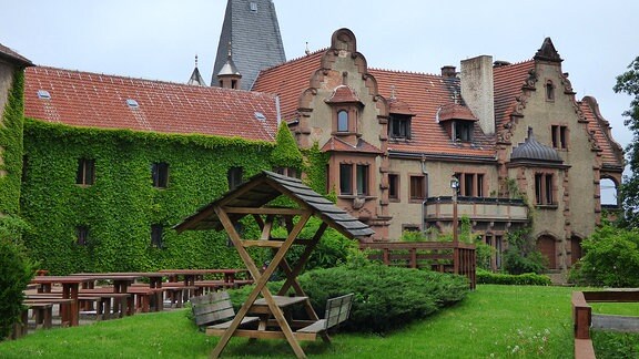 Ein Sandstein-Haus mit Efeu bewachsen