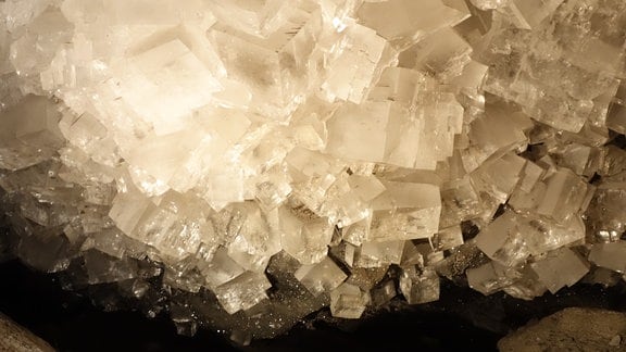 weiße Kristalle in einer Höhle