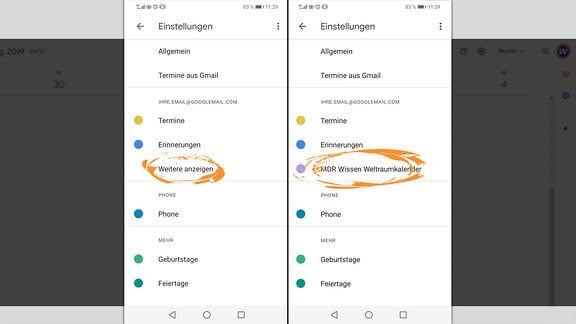 Grafische Anleitung zum Abonnieren des MDR Wissen Weltraumkalenders auf Handy mit Android-Betriebssystem