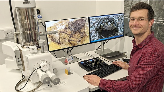 Daniel Falk untersucht die Froschfossilien mithilfe eines Elektronenmikroskops.