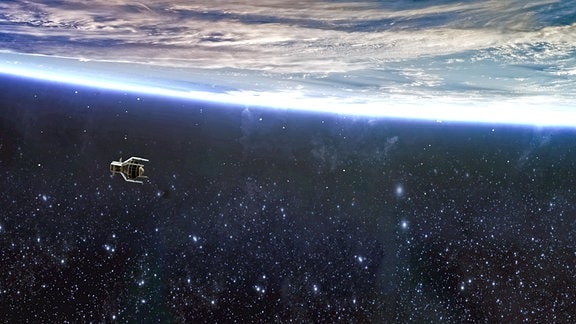 Die ClearSpace Raumsonde mit der eingefangenen Vega-Raketenoberstufe über der Erdatmosphäre