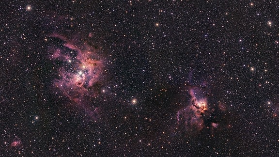 NGC 3603 und NGC 3576 sind 22.000 bzw. 9.000 Lichtjahre von uns entfernt. In diesen ausgedehnten Wolken aus Staub und Gas werden neue Sterne geboren, die die Form der Nebel durch intensive Strahlung und starke Winde geladener Teilchen allmählich verändern. Aufgrund ihrer Nähe haben Astronomen die Möglichkeit, den intensiven Prozess der Sternentstehung zu untersuchen, der in anderen Galaxien ebenso häufig vorkommt, aber aufgrund der großen Entfernungen