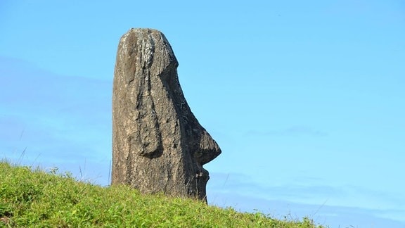 Die Rapanui schnitzten große monolithische Menschenfiguren aus den vulkanischen Steinvorkommen der Insel.  