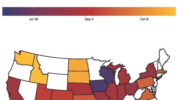 Eine Infografik zeigt die USA. Verschiedenen Farben zeigen wie häufig das Enterovirus D68, das in Verdacht steht akute schlaffe Myelitis (AFM) auszulösen, in den jeweiligen Regionen von 2014 bis 2019 vorgekommen ist. 