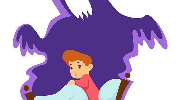 Zeichnung - Ein Kind in seinem Bett, darüber ein lilafarbenes, bedrohlich wirkendes, Gespenst.