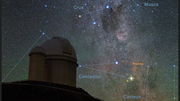Blick zum südlichen Sternenhimmel über dem ESO 3,6 Meter Teleskop am La-Silla-Observatorium in Chile