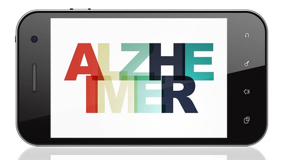 Symbolbild - Das Wort Alzheimer steht auf einem Smartphone geschrieben