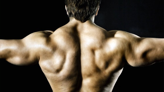 junger, durchtrainierter Mann mit nacktem Oberkörper, spannt die Muskeln an