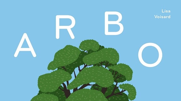 Titel des Buches Arborama. Illustrierte große Sommerlinde, Textteile Arbo und Rama umfließen oben und unten rund den Baum