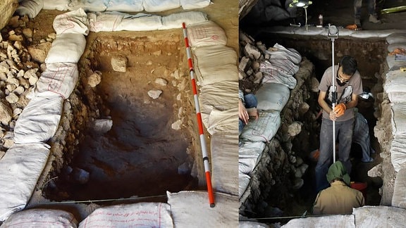 Ausgrabung der Pebdeh-Höhle im südlichen Zagros-Gebirge.  Pebdeh wurde bereits vor 42.000 Jahren von Jägern und Sammlern bewohnt.