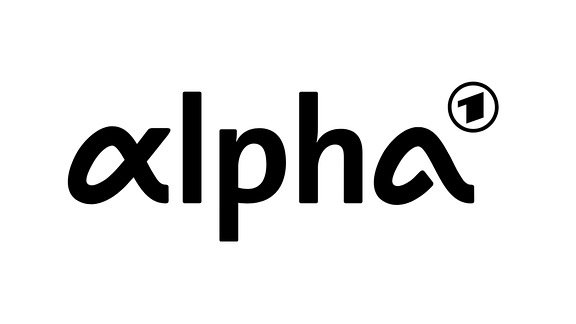 Logo-Schriftzug Alpha mit A als griechischer Buchstabe Alpha und ARD-Dachmarken oben rechts: Eins in Kreis