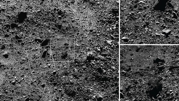 Dieses Trio von Bildern, die vom NASA-Raumschiff OSIRIS-REx aufgenommen wurden, zeigt eine Weitwinkelaufnahme und zwei Nahaufnahmen einer Region auf der Nordhalbkugel des Asteroiden Bennu. Das Weitwinkelbild (links), das mit der MapCam-Kamera des Raumfahrzeugs aufgenommen wurde, zeigt ein 180 Meter breites Gebiet mit vielen Felsen, einschließlich einiger großer Felsbrocken, und einem „Teich“ aus Regolith, der größtenteils frei von großen ist Felsen. Die beiden näheren Bilder, die mit der hochauflösenden PolyCam-Kamera aufgenommen wurden, zeigen Details von Bereichen im MapCam-Bild, insbesondere einen 15-Meter-Felsbrocken (oben) und den Regolith-Teich (Bot). 