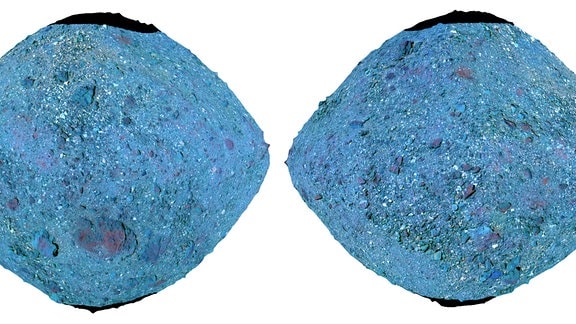 Die OSIRIS-REx-Mission der NASA erstellte diese Bilder unter Verwendung von Falschfarben-Rot-Grün-Blau-Kompositen (RGB) des Asteroiden Bennu. Eine 2D-Karte und Bilder von Raumfahrzeugen wurden einem Formmodell des Asteroiden überlagert, um diese Falschfarben-Verbundwerkstoffe zu erstellen. In diesen Verbundwerkstoffen sieht spektral durchschnittlich und blauer als das durchschnittliche Gelände blau aus, Oberflächen, die roter als der Durchschnitt sind, erscheinen rot. Hellgrüne Bereiche entsprechen den Vorkommen eines Minerals Pyroxen, das wahrscheinlich von einem anderen Asteroiden, Vesta, stammt. Schwarze Bereiche in der Nähe der Pole zeigen keine Daten an.