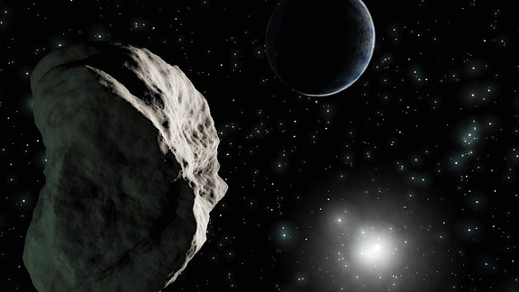 Illustration eines Asteroiden, im Hintergrund die Erde
