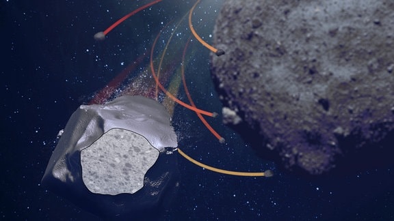  Künstlerische Darstellung eines Asteroiden aus dem ein großer Stein herausgebrochen ist, der nun zerbröselt und dessen kKieselsteingroße Fragmente auf die Oberfläche des Mutterkörpers zurücksinken.