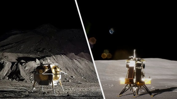 Collage der beiden Mondlandefähren: Peregrine von Astrobotic (l.) und Nova-C von Intuitive Machines (r.).