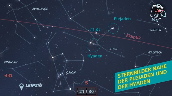 Eine schematische Darstellung des Nachthimmels, der die Sternenhaufen der Plejaden und Hyaden zeigt.