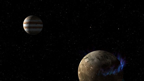 ünstlerische Darstellung der Wasserfontänen des Jupitermond Europa. Im Hintergrund befindet sich Europa.