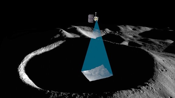 Eine künstlerische Darstellung der Danuri-Raumsonde, ehemals Korean Parthfinder Lunar Orbiter genannt, wie sie über den Mond schwebt und ihn abscannt. 