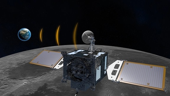 Diese Weltraum-Illustration zeigt die südkoreanische Raumfahrtmission vom Korean Parthfinder Lunar Orbiter. Im Hintergrund (l.) befindet sich die kleine Erde vor dem dunklen Weltraum. Im Vordergrund fliegt die Danuri-Raumsonde über dem Mond und hält Kontakt mit der Erde. 