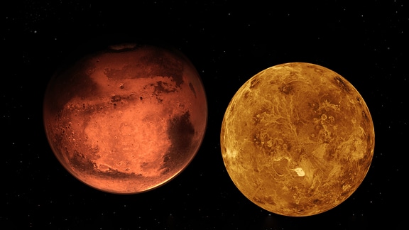 Eine Weltraum-Collage mit den Planeten Mars (l.) und Venus (r.).  