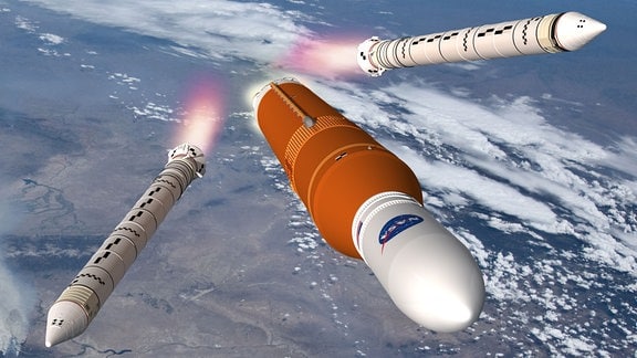 Eine künstlerische Darstellung des Startes der SLS-Mega-Mondrakete der amerikanischen Raumfahrtbehörde Nasa.