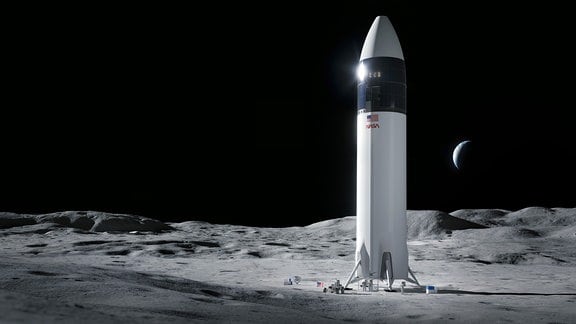Künstlerisches Konzept des Starship HLS von SpaceX, das auf dem Mond landen soll.