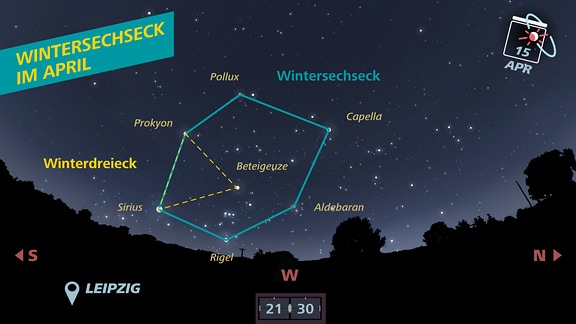 Die Sternenkonstellation des Wintersechsecks und Winterdreiecks als Infografik