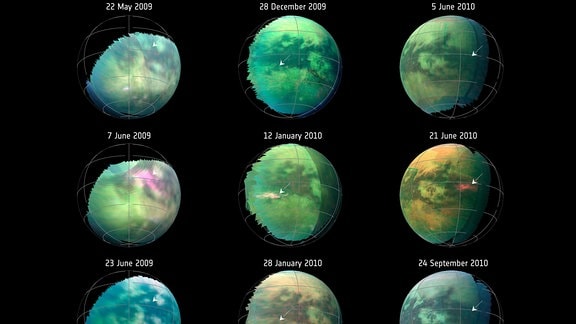 Aufnahmen von dem Saturnmond Titan zwischen 2009 und 2010.